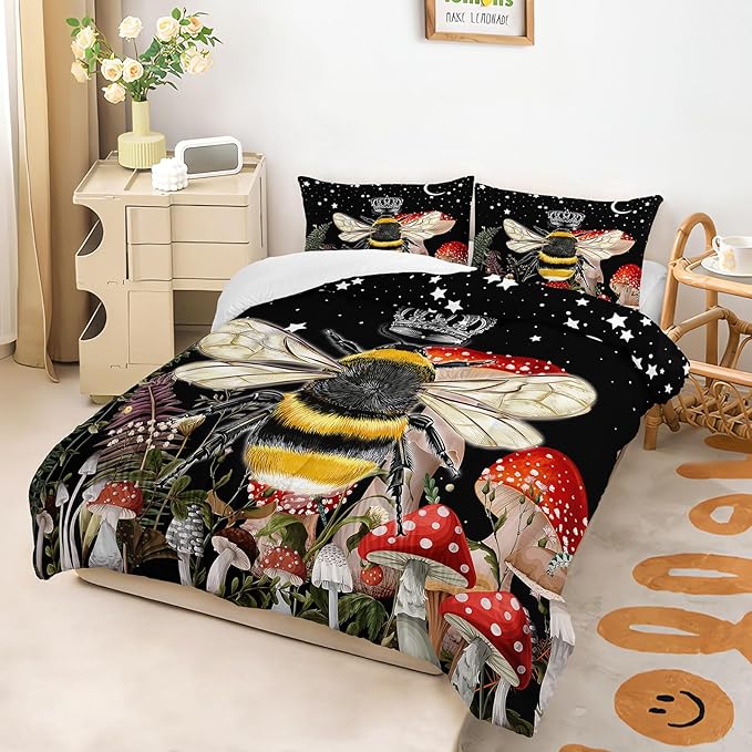 Black Bee Comforter Set Twin Size, 3Pcs Animal and Mushroom Moom Stars Bedding Set for Kids Adults with 2 Pillowcases for Bedroom All Season