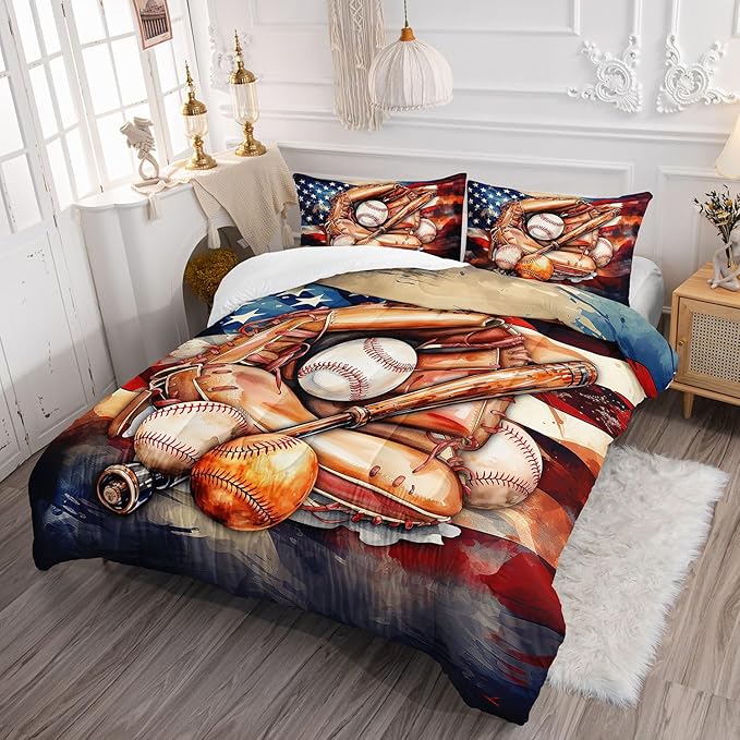 Kids Comforter Set American Flag Baseball Printed Pattern Bedding Set with 1 Comforter and 2 Pillowcases for Girls Boys Bedroom All Season(C-American Flag Baseball01 Queen)