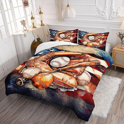 Kids Comforter Set American Flag Baseball Printed Pattern Bedding Set with 1 Comforter and 2 Pillowcases for Girls Boys Bedroom All Season(C-American Flag Baseball01 Queen)