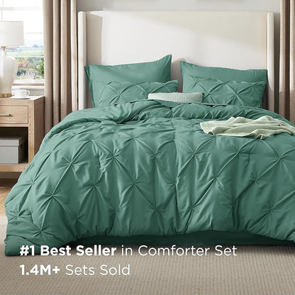 Bedsure Full Size Comforter Sets - Bedding Sets Full 7 Pieces, Pintuck Bed in a Bag Graysih Green Bed Set with Comforter, Sheets, Pillowcases & Shams
