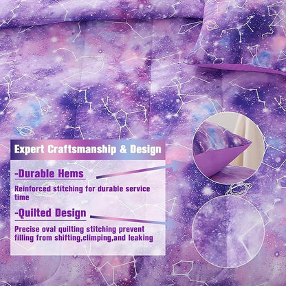 Galaxy Constellation Print Comforter Set Twin Girls Gradient Bedding Set,6 Piece Bed in a Bag with Sheet Bedding Gift for Kids(Purple)