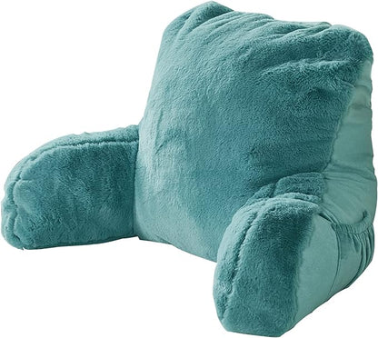 Plush Faux Fur Backrest Reading Bed Rest Pillow with Arms and Pockets for Sitting in Bed Couch Sofa, Back Support Wedge Cushion with Removable Cover, 20" x 18" x 17", Aqua