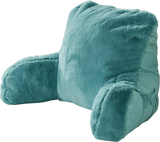 Plush Faux Fur Backrest Reading Bed Rest Pillow with Arms and Pockets for Sitting in Bed Couch Sofa, Back Support Wedge Cushion with Removable Cover, 20" x 18" x 17", Aqua