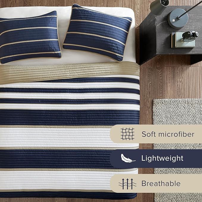 Comfort Spaces Quilt Set Trendy Casual Fun, Vibrant Color Design, Hypoallergenic All Season, Lightweight Coverlet Bedspread Cozy Kids Bedding & Sham Full/Queen Verone White Blue Stripe 3 Piece