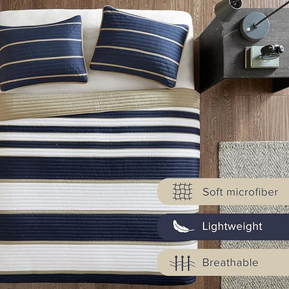 Comfort Spaces Quilt Set Trendy Casual Fun, Vibrant Color Design, Hypoallergenic All Season, Lightweight Coverlet Bedspread Cozy Kids Bedding & Sham Full/Queen Verone White Blue Stripe 3 Piece