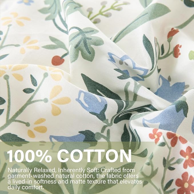 Duvet Cover Queen Size 100% Cotton Comforter Cover Green Floral Breathable Duvet Cover with Zipper Closure & Corner Ties 3 Pcs Green Fragrant Grass Duvet Cover Set