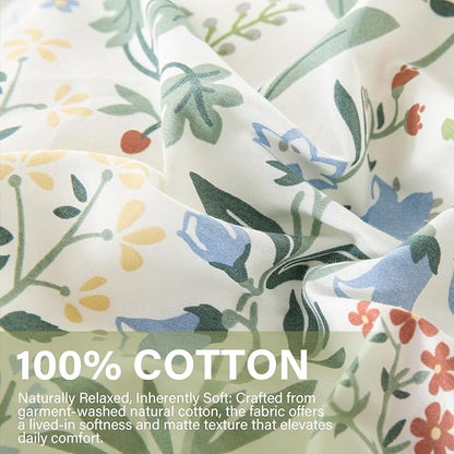 Duvet Cover Queen Size 100% Cotton Comforter Cover Green Floral Breathable Duvet Cover with Zipper Closure & Corner Ties 3 Pcs Green Fragrant Grass Duvet Cover Set