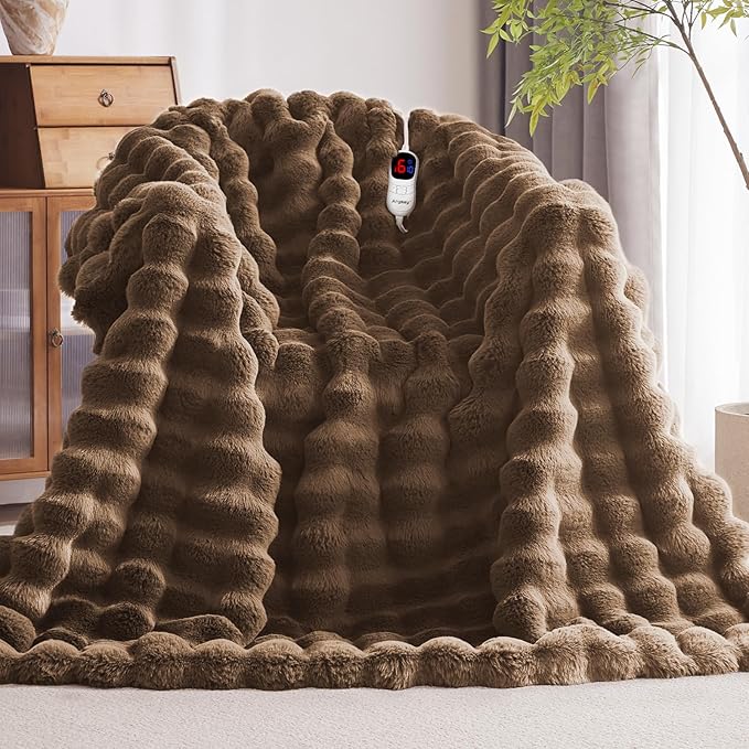Heated Blanket Full Size with 1/2/4/6/8 Hours Auto-Off 10 Heat Level, 62'' * 84'' Cozy Faux Rabbit Fur Bubble Electric Blanket with Overheat Protection(Brown)