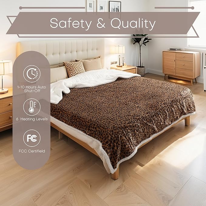 LUXIAN Electric Heated Blanket King Size 90"x100" - Microplush & Sherpa Fabric Dual-Sided, 6 Heat Settings & 10 Hours Auto Off, Cozy Warming Throw for Office or Bed, Machine Washable, Leopard Print