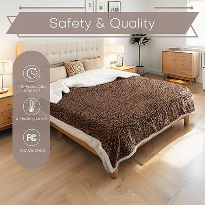 LUXIAN Electric Heated Blanket Queen Size 84"x90" - Microplush & Sherpa Fabric Dual-Sided, 6 Heat Settings & 10 Hours Auto Off, Cozy Warming Throw for Office or Bed, Machine Washable, Leopard Print