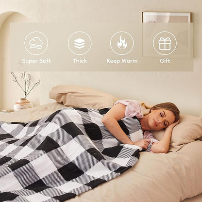 Electric Heated Blanket Throw Size - 50"x60", Soft Flannel Heating Blanket, 4 Heating Levels, 3 H Auto Shut Off, Breathable Warm and Washable for Sofa, Black - White Plaid