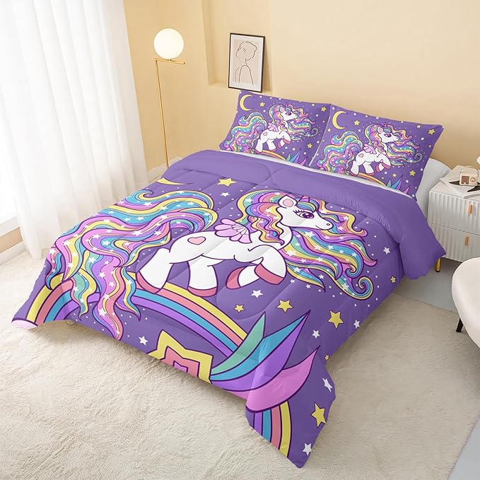 QOOMO Unicorn Comforter Queen Size,Rainbow Unicorn Comforter Set for Kids Teens Girls,3Pcs Bedding Set Printed Comforter with 2 Pillowcases,Down Alternative,Soft and Lightweight，Queen Size