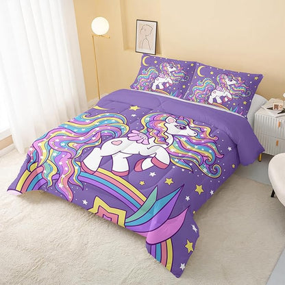 QOOMO Unicorn Comforter Queen Size,Rainbow Unicorn Comforter Set for Kids Teens Girls,3Pcs Bedding Set Printed Comforter with 2 Pillowcases,Down Alternative,Soft and Lightweight，Queen Size