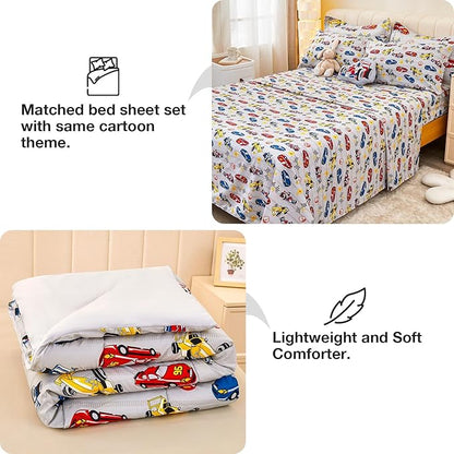 Mooreeke Twin Size Comforter Sets for Boys Kids, 6 Pieces Bed in a Bag Racing Car Bedding Comforter Sheet Set with Shams and Decorative Toy Pillow, Ultral Soft Microfiber Kids Bed Set