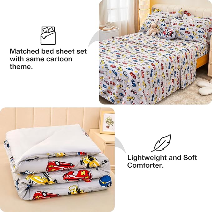 Mooreeke Full Size Comforter Sets for Boys Kids, 8 Pieces Bed in a Bag Racing Car Bedding Comforter Sheet Set with Shams and Decorative Toy Pillow, Ultral Soft Microfiber Kids Bed Set