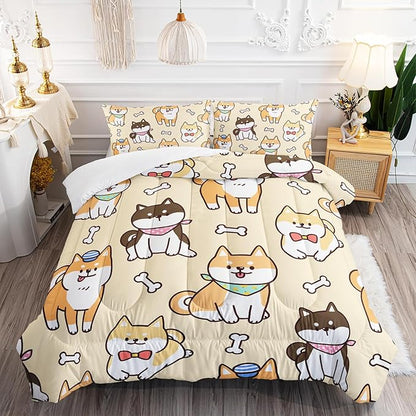 Kawaii Cartoon Corgi Dog Animal Themed 3Pcs Comforter Full Yellow Black Dogs Pattern Bedding for Kids Teens Girls Boys Cute White Bone Quilt Bed Decor Set with 1 Comforter and 2 Pillowcases