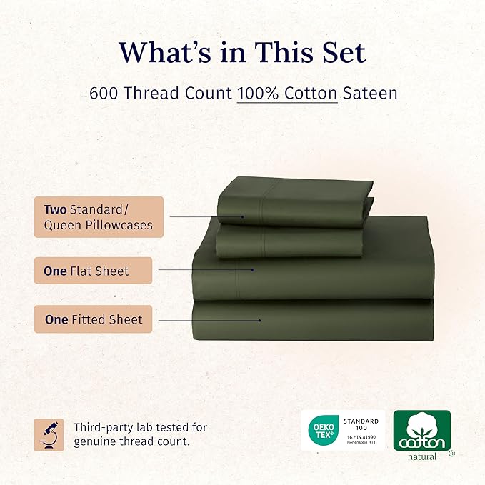 California Design Den Full Size Bed Sheets Cotton Set - Luxury 600 Thread Count 100% Cotton Sateen, Full Size Bed Sheets Cooling Set with Deep Pockets, Hotel Quality Sheets - Dark Olive Green