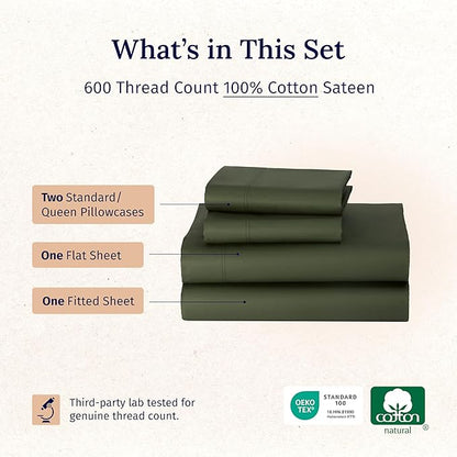California Design Den 100% Cotton Sheets Queen Size Set - Luxury 600 Thread Count Sateen, Cooling Queen Cotton Sheets with Deep Pockets, Hotel-Quality Bedding - Dark Olive Green
