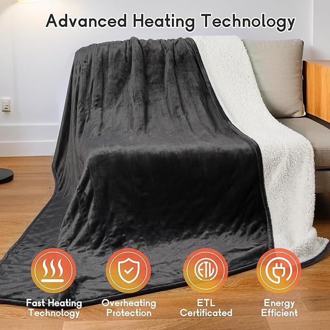 Heated Electric Blanket King Size 90''x100'', Dual Controller Soft Flannel with 10 Heat Settings 1-12 Hour Auto Off Large Blanket for Bed - Dark Gray