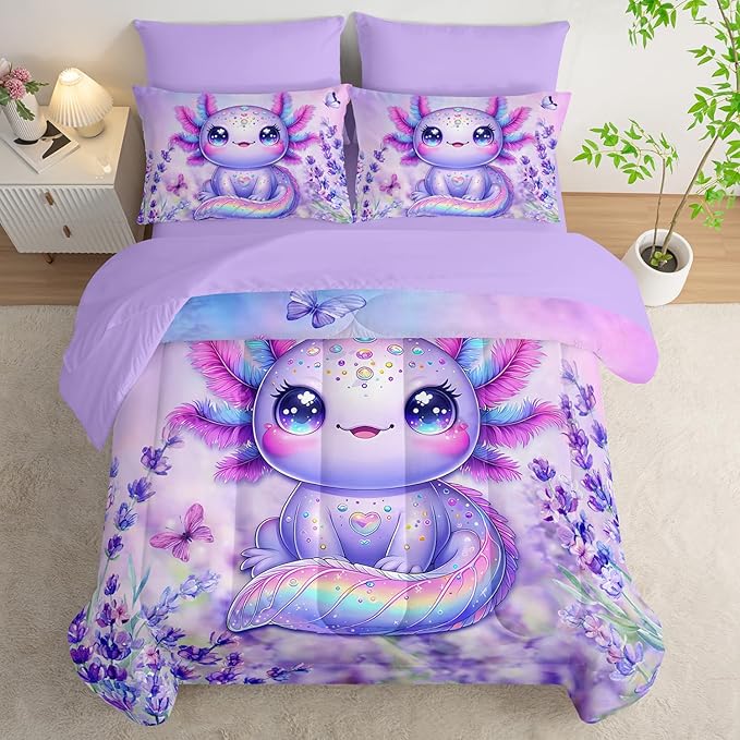 Axolotl Bedding 7 Piece Comforter Set Queen Size,Marine Life Themed Bed Set for Toddlers Girls Room Decor,Cute Kids Bedding with 1 Comforter,1 Flat Sheet,1 Fitted Sheet,4 Pillowcases.