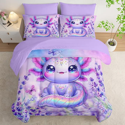 Axolotl Bedding 7 Piece Comforter Set Queen Size,Marine Life Themed Bed Set for Toddlers Girls Room Decor,Cute Kids Bedding with 1 Comforter,1 Flat Sheet,1 Fitted Sheet,4 Pillowcases.