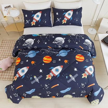 RYNGHIPY Kids Comforter Set, Full Size, Cute Space Rocket Bedding Set for Boys & Girls, Space Themed Teen Boy Bedding