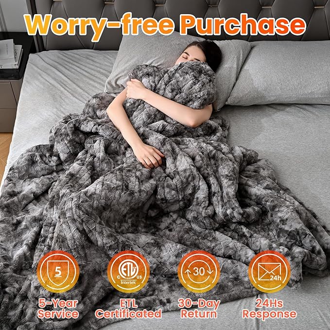 WOOMER Heated Blanket Full Size Electric Blanket 77"x 84", Soft Faux Fur Fast Heating Blanket, 10 Heating Levels & 0.5-12H Auto Off, Over-Heat Protection, ETL Certification