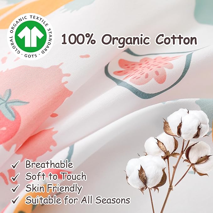 Simple&Opulence 100% Organic Cotton Duvet Cover for Kids Teens, 4 Piece Soft Cartoon Comforter Cover with Zipper Closure, Kawaii Girls Bedding Set with Colorful Fruits Pattern, Full/Queen