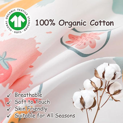 Simple&Opulence 100% Organic Cotton Duvet Cover for Kids Teens, 4 Piece Soft Cartoon Comforter Cover with Zipper Closure, Kawaii Girls Bedding Set with Colorful Fruits Pattern, Full/Queen
