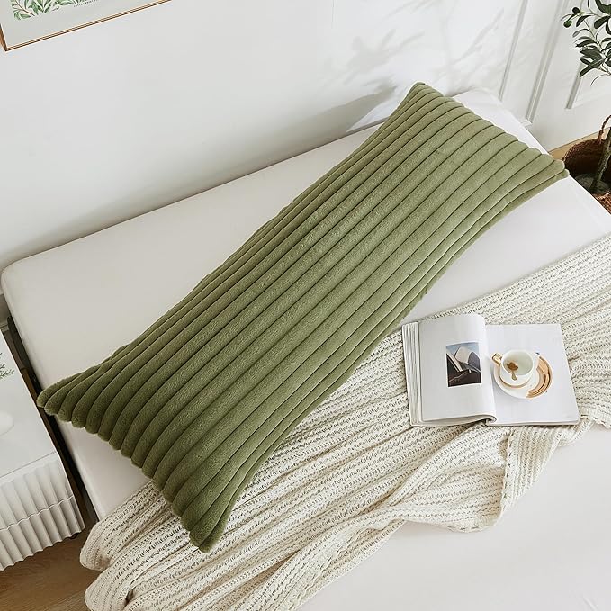 Full Body Pillow with Fluffy Stripe Faux Fur Removable Cover, Long Bed Pillow Adult 20x54 Inches for Side Sleeper and Pregnancy, Sage.