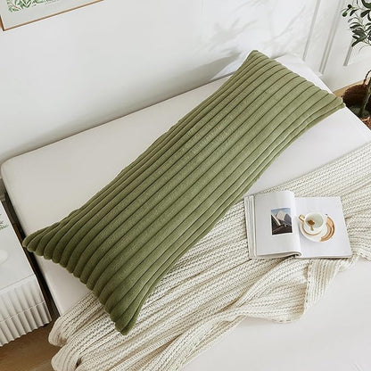 Full Body Pillow with Fluffy Stripe Faux Fur Removable Cover, Long Bed Pillow Adult 20x54 Inches for Side Sleeper and Pregnancy, Sage.