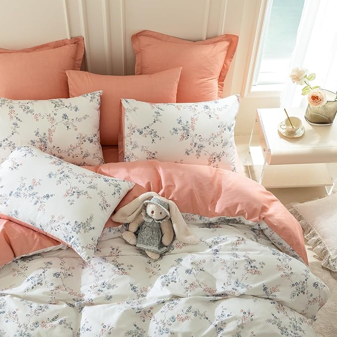 Floral King Duvet Cover, 100% Cotton Bedding Sets King, Reversible Floral Chic Vintage Fresh Style Printed Mini King Duvet Cover with Zipper Closure