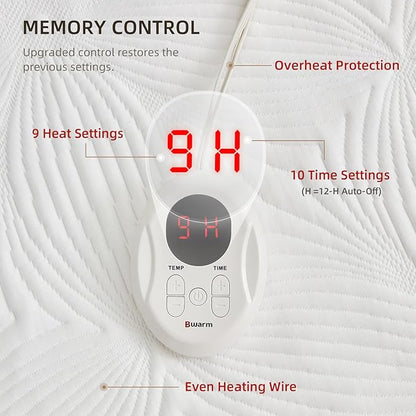 Bwarm Heated Mattress Pad ETL Certified Flower Bed Warmer with 9 Heat Settings, 1-12 Hours Auto Off Deep Pocket, Machine Washable, White (Queen)