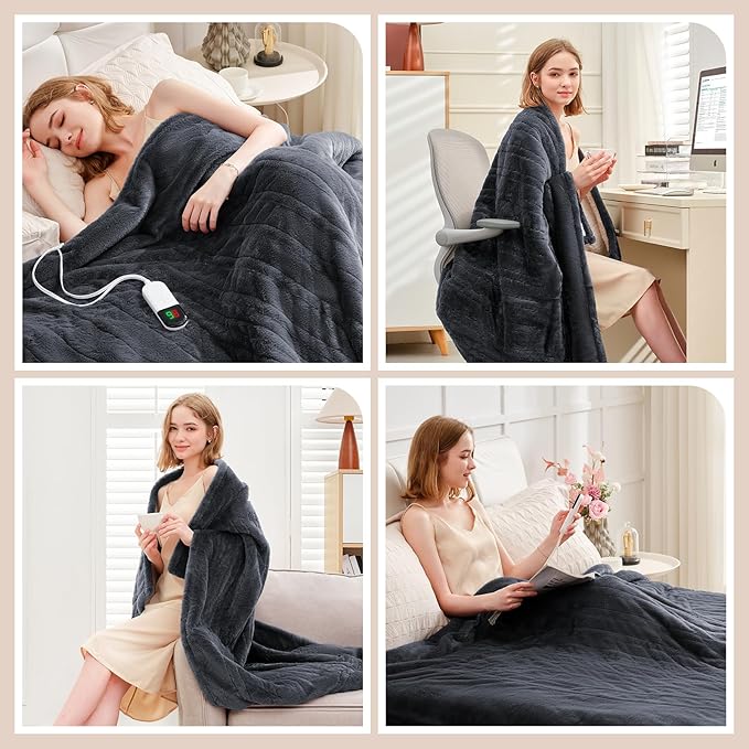 Premium Heated Blanket King 90"×100",Ultra Cosy Soft with 8 Heating Levels,Dual Control Plush Fast Heating Faux Rabbit Fur Blanket for Bed - Auto Shut Off,Machine Washable(Grey)