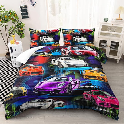 AILONEN Racing Car Comforter Set for Kids Boys Teens Queen Size, Extreme Sports Bed in a Bag,Cool Speed Race Bedding Sets,Colorful Car Theme Duvet Set,1 Quilt and 2 Pillowcases,3 Pieces