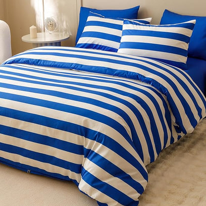 Wellboo Blue White Striped Comforter Sets King Navy Blue Striped Bedding Comforters Cotton Men Boys Modern Boho Black Geometric Quilts Blue and White Ticking Stripe Quilts Preppy Vertical Lines Bed