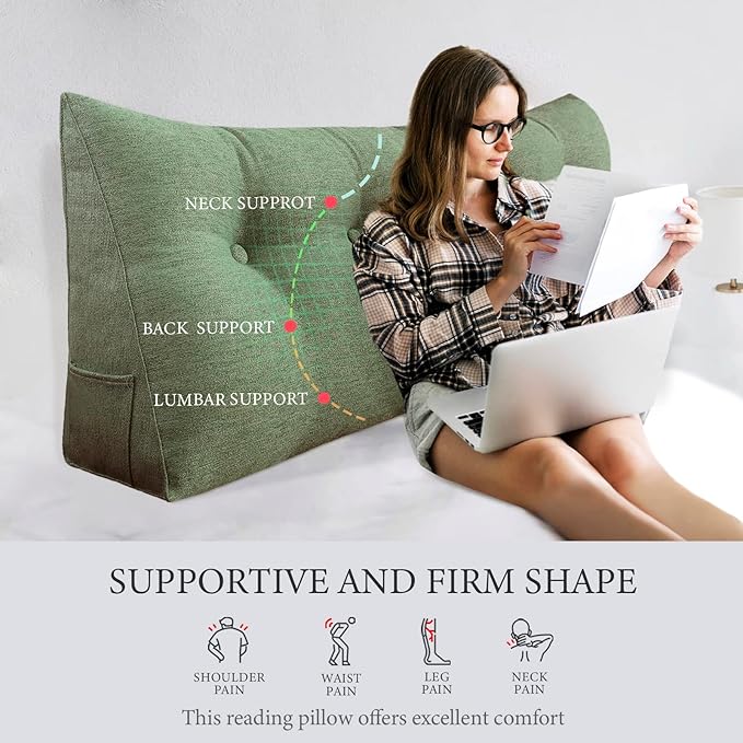 Headboard Pillow Wedge Twin Size Large Bolster Pillow for Daybed Triangle Back Support Reading Pillow for Sitting Up in Bed XXL Couch Rest Backrest Cushion Linen Sage Green