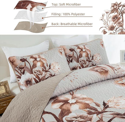Khaki Quilt Set King Size Bedding Set 3 Pieces Boho Floral Quilt Bedspread Soft Microfiber Lightweight Flower Coverlet Set with 2 Pillow Shams for All Season 90"x104"