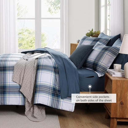 MaiRêve Twin XL Size Plaid Comforter Set Blue White, Classic 5 Pieces Farmhouse Bedding Set, All Season Lightweight Bed in A Bag with Sheets, Pillowcase & Sham