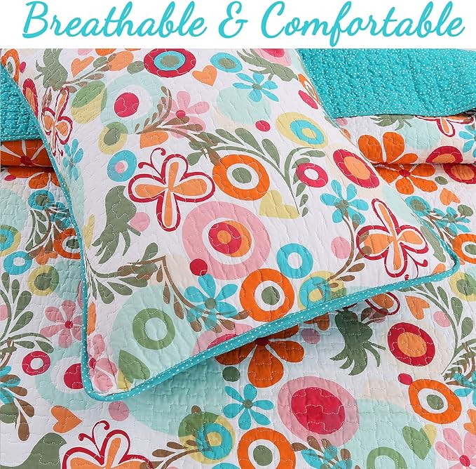 Cozy Line Home Fashions Pink Green Blue Orange Colorful Floral Whimsy 100% Cotton Reversible Girl Quilt Bedding Set, Coverlet, Bedspread (Twin - 2 Piece: 1 Quilt + 1 Standard Sham)