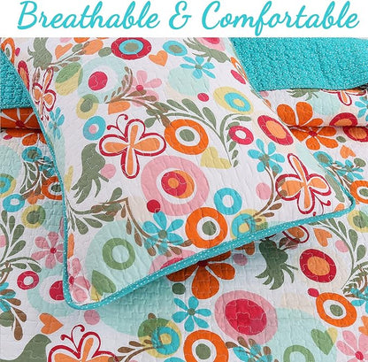 Cozy Line Home Fashions Pink Green Blue Orange Colorful Floral Whimsy 100% Cotton Reversible Girl Quilt Bedding Set, Coverlet, Bedspread (Twin - 2 Piece: 1 Quilt + 1 Standard Sham)