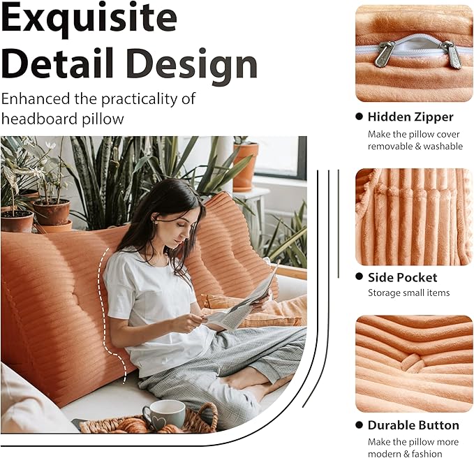 Wedge Headboard Pillow Dorm Room Reading Pillow Back Support for Sitting Up in Bed Bolster Lumbar Cushion Body Positioning Bedrest Corduroy (Peachy Coral, Twin (39 * 8 * 20in))