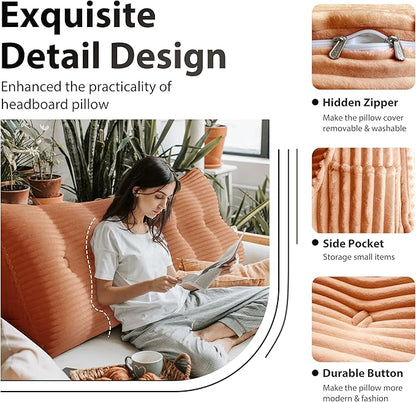 Wedge Headboard Pillow Dorm Room Reading Pillow Back Support for Sitting Up in Bed Bolster Lumbar Cushion Body Positioning Bedrest Corduroy (Peachy Coral, Twin (39 * 8 * 20in))