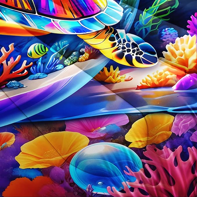Sea Turtle Comforter Set Full Size,Colorful Underwater World Toddler Bed Comforter Set,Coastal Bedding for Kids Boys Girls Room Decor with 2 Pillowcases.