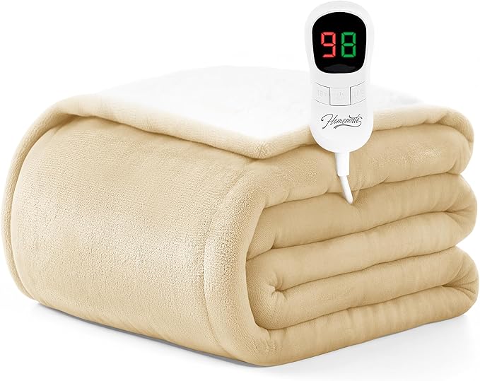 Homemate Heated Blanket Electric Throw - 50"x60" Heating Blanket Throw 1/2/4/6/8 Hours Auto-Off 10 Heat Level Over-Heat Protection Flannel Sherpa ETL Certification