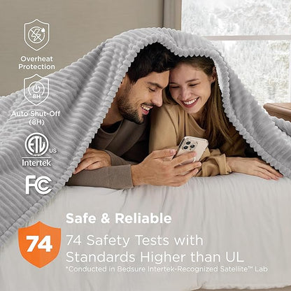 Bedsure GentleSoft Electric Blanket King Size - Soft Ribbed Flannel Heated Blanket with Dual Control, Heating with 10 Heat Settings & 10 Time Settings, 8 hrs Timer Auto Shut Off (90"x100", Light Grey)