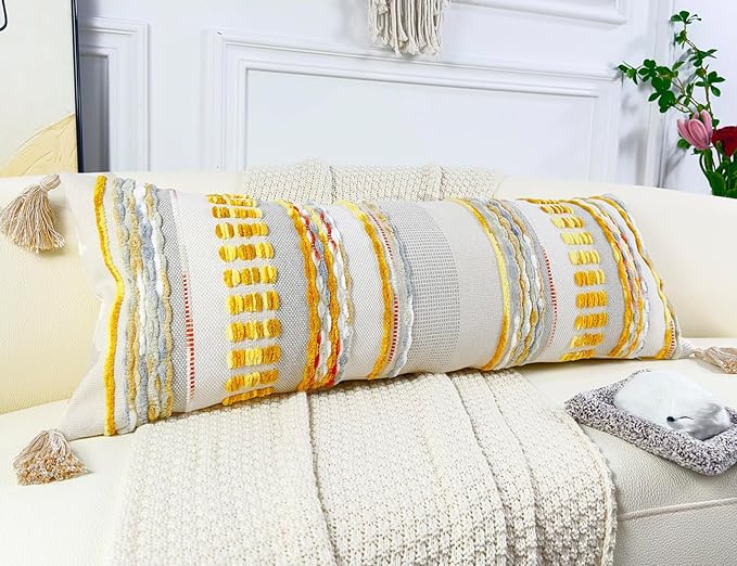 Chenille and Cotton Long Pillow for Bed,Striped Textured Boho Long Lumbar Throw Pillow Cover 14x36,Neutral Accent Decorative Extra Long Body Pillow Case for Couch Sofa Bedroom,Yellow-Grey