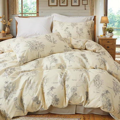 Cozeline 100% Cotton Duvet Cover Queen Size, Vintage Design with Luxrious Black Sketched Flowers & Leaves on Cream, 3 Pcs Breathable and Soft Duvet Cover for All Season