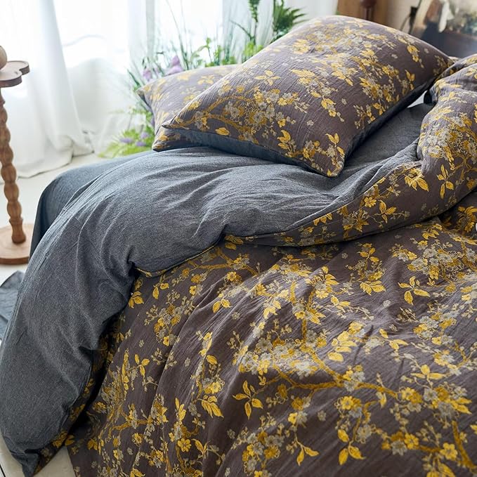 BuLuTu Chic Cottage Muslin Duvet Cover Full, Boho Yellow Floral Comforter Cover Set 3 Pieces, Soft Breathable Yarn-Dyed Jacquard Bedding Set Quilt Cover with 2 Pillowcases, 80"x90"