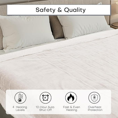 Electric Heated Blanket Twin Size 62"x84" - Dual-Sided with Microplush & Sherpa Fabric, 4 Heat Settings & 10 Hours Auto Off, Machine Washable - White